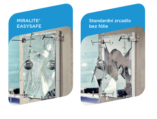 Miralite easy safe vs standardni zrcadlo bez folie - rozbití