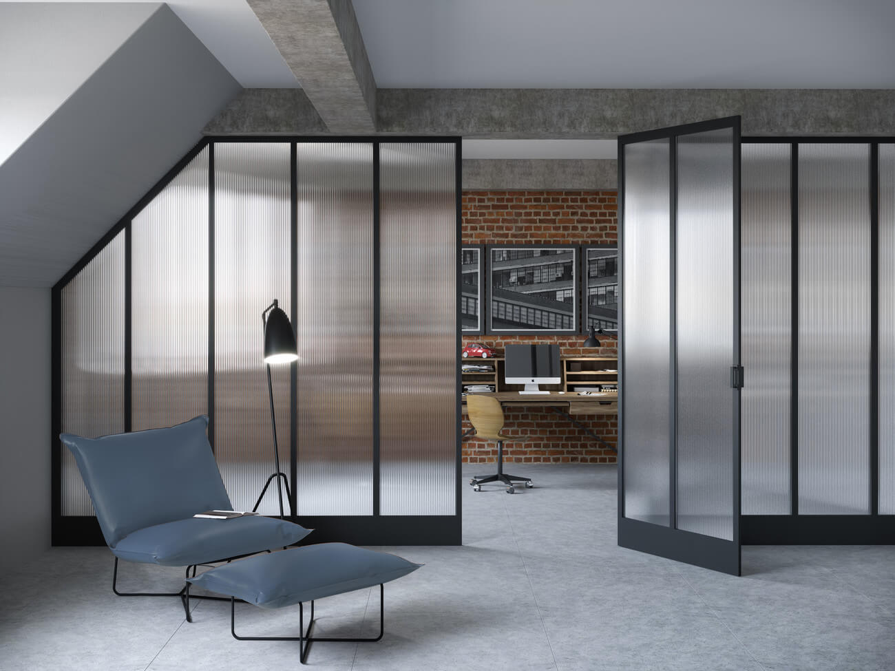 Ornamentálni designová skleněná příčka v interiéri, Sklo - ornamentní skla, design, smaltované, drátené, vlastnosti