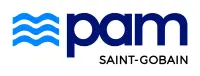 Modré logo PAM Saint-Gobain doplněné grafickým symbolem tří vln v modrém odstínu.